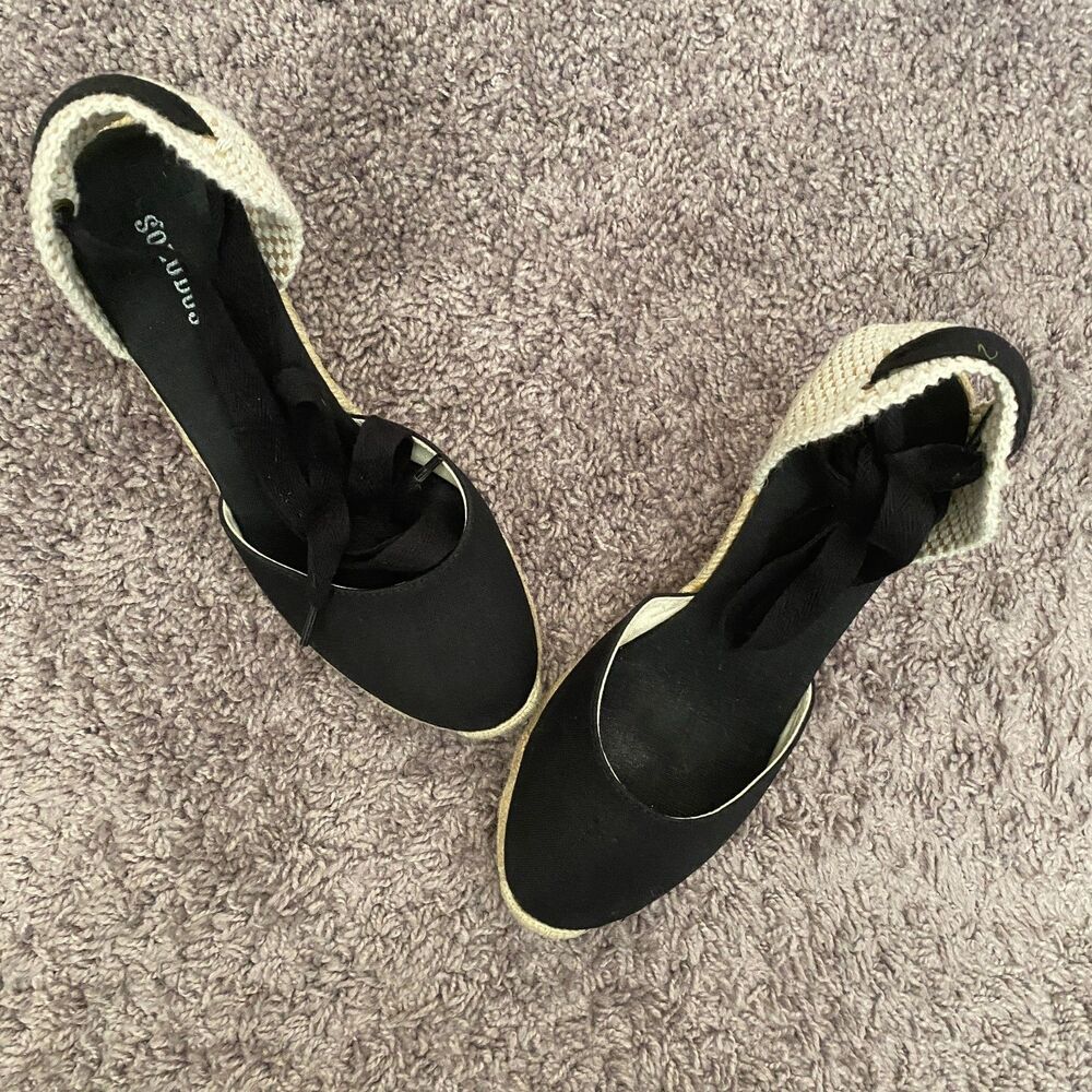 SOLUDOS Black Fabric BoHo Summer Vacation Tropical Espadrilles Wedges Size 7